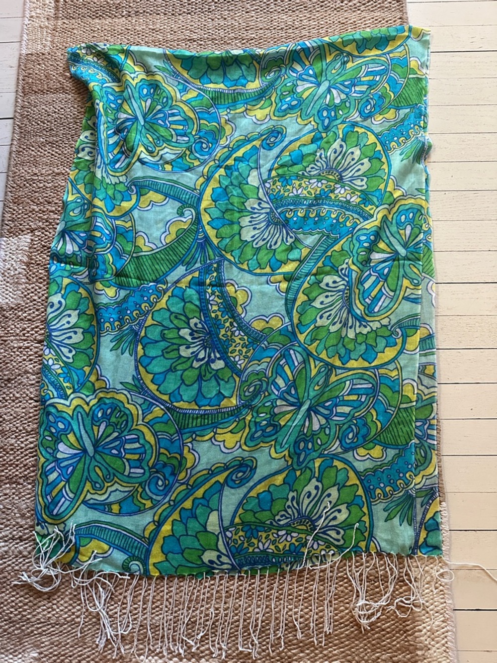 Vibrant Blue-Green Paisley Scarf with Fringe